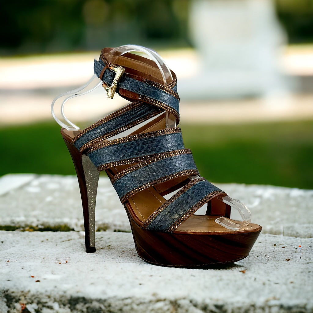 RENE CAOVILLA Snake Crystal Sandals in Blue Copper – More Than You