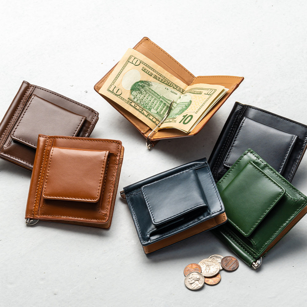 小銭入れ付き コードバン調 牛本革 二つ折りマネークリップ – MURA