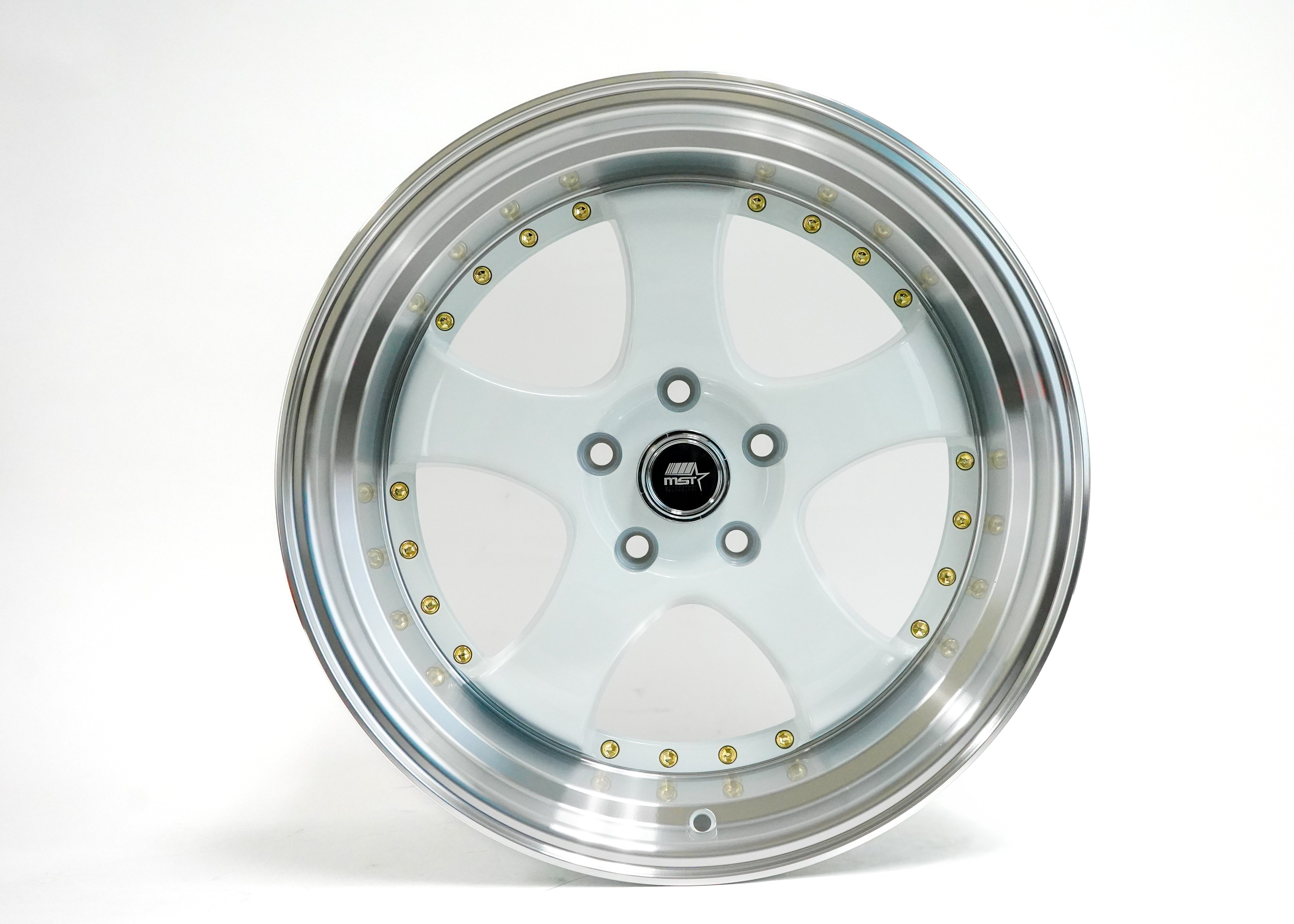 MT07 White w/Machined Lip Gold Rivets 18x9.5 5x114.3 Offset +20