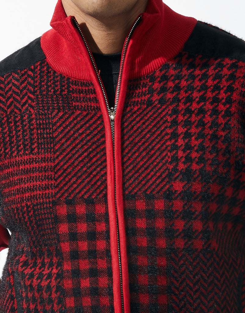 Mens SilverSilk Red Black Houndstooth Knit Jacket w/ Elbow Patch