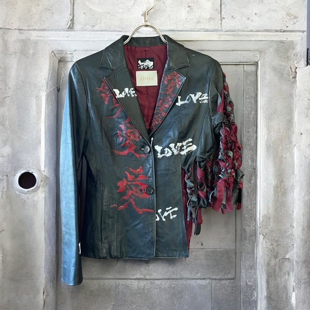 レザージャケット レディース リメイク テーラード ペイント 黒