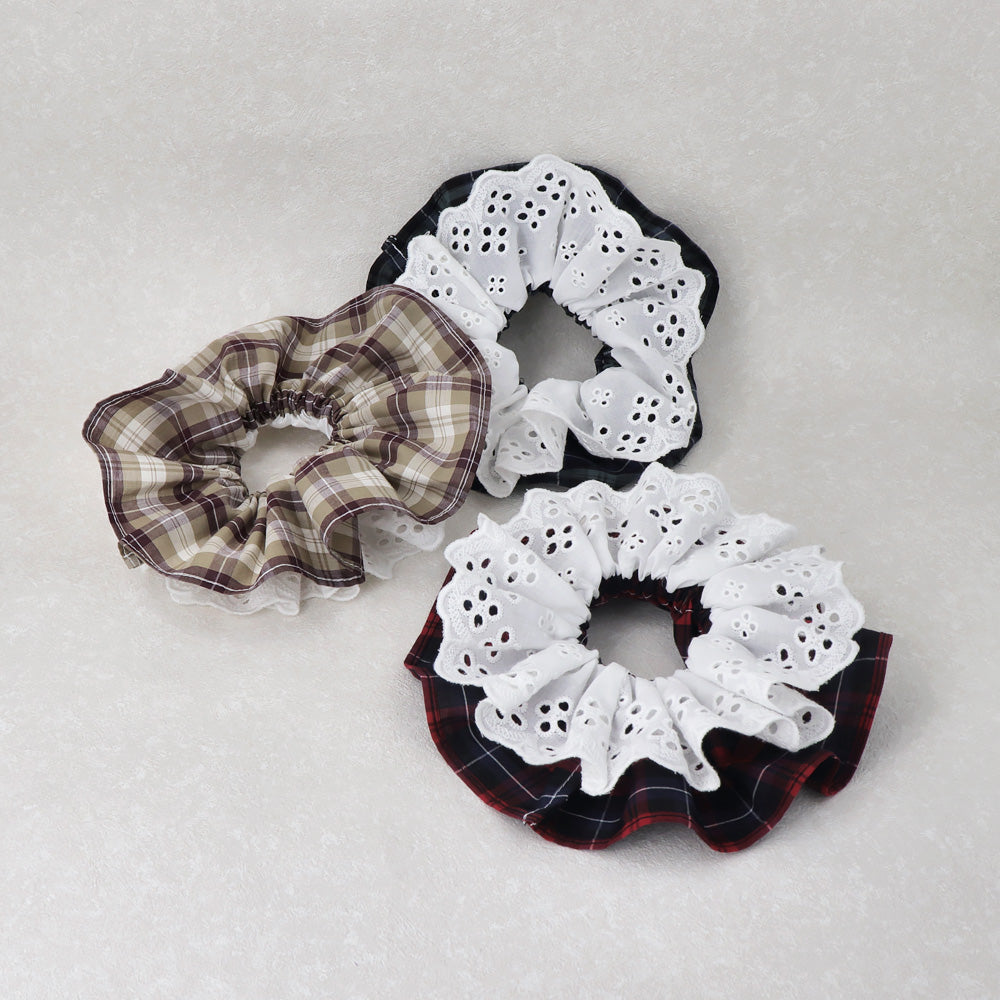 シュシュ フリル コットンレース フラワー模様 刺繍 チェック ビッグ