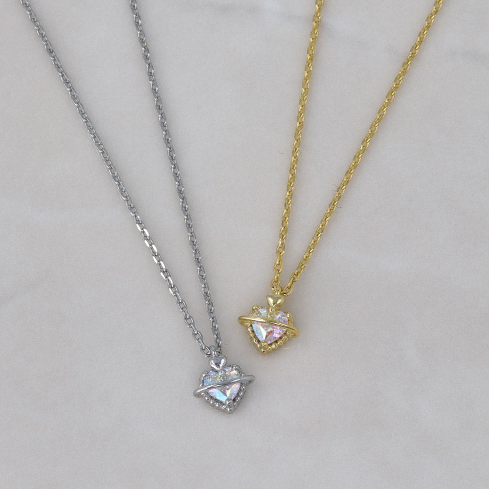 ネックレス ニッケルフリー メタル ハート 土星 オーロラ ストーン