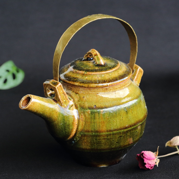 松崎健 織部陶瓶 満容量740ml 益子焼土瓶 作家ものティーポット 日本茶