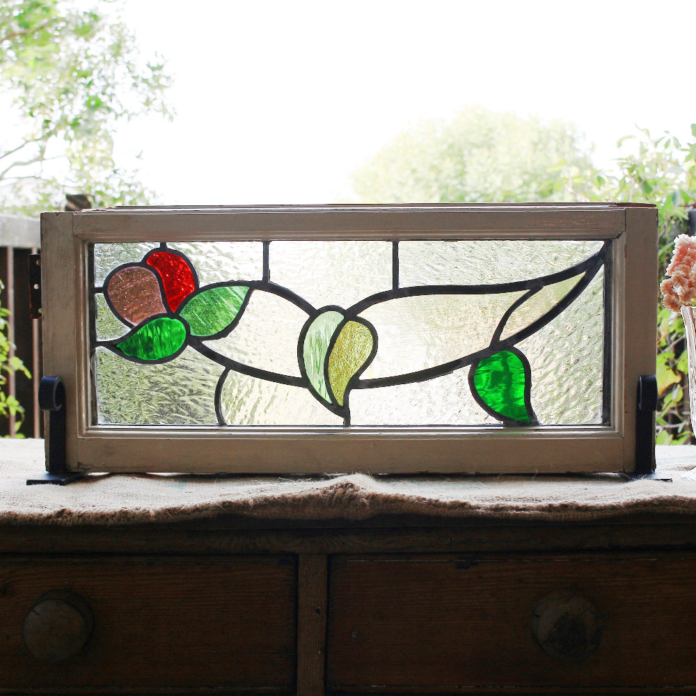 横長の花のステンドグラス イギリスアンティーク 60.5cm×26cm