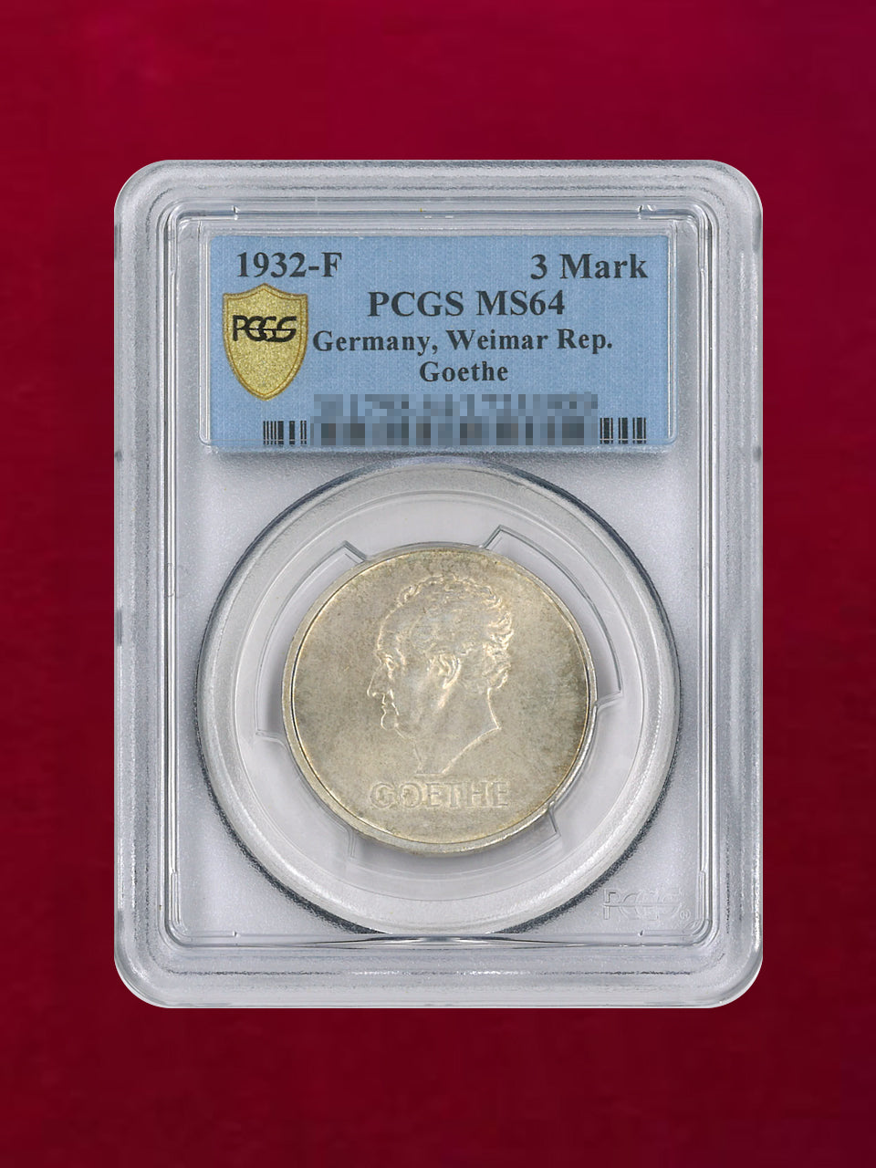 ドイツ・ワイマール共和国】3マルク 銀貨 1932F Goethe PCGS MS64［B