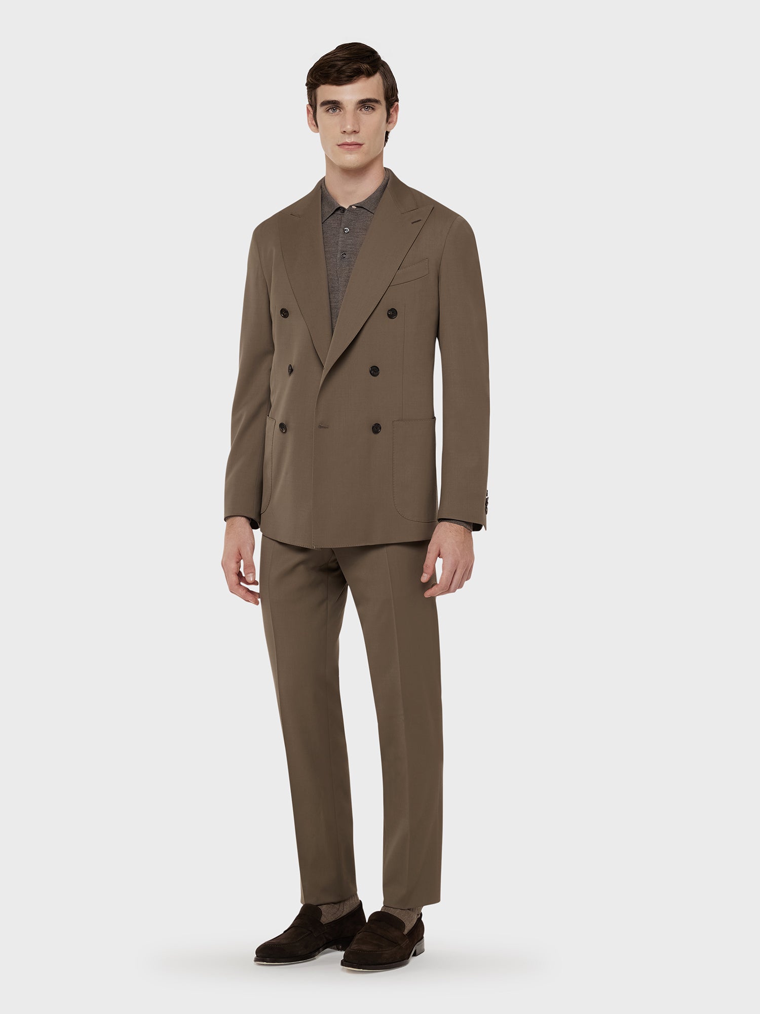 Caruso - Aida double-breasted suit in brown technical wool