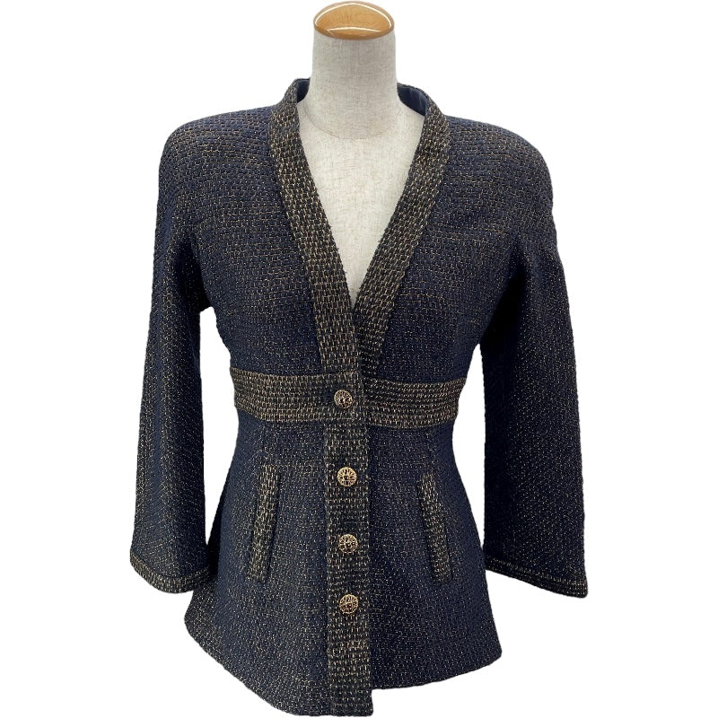 シャネル CHANEL ノーカラーツイードジャケット P61802 ネイビー