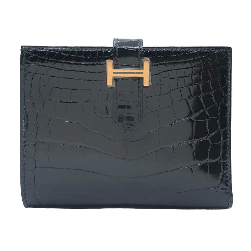 エルメス HERMES べアンコンパクト D刻 ブラック GD金具 アリゲーター