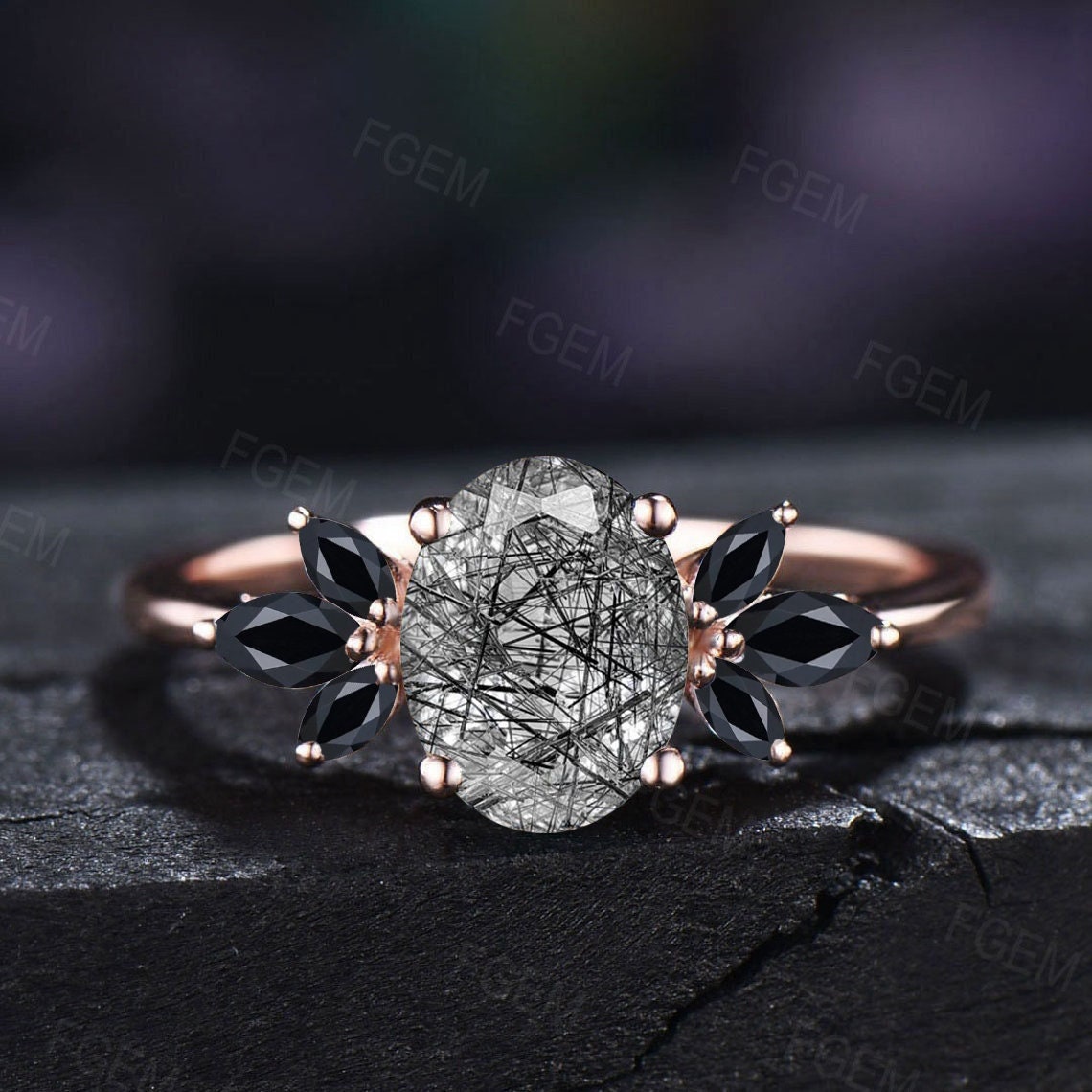 1.5ct Oval Natural Black Rutilated Quartz Cluster Engagement Ring