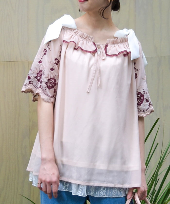 Flower Embroidery 2-Way Chiffon Blouse – axes femme from JAPAN