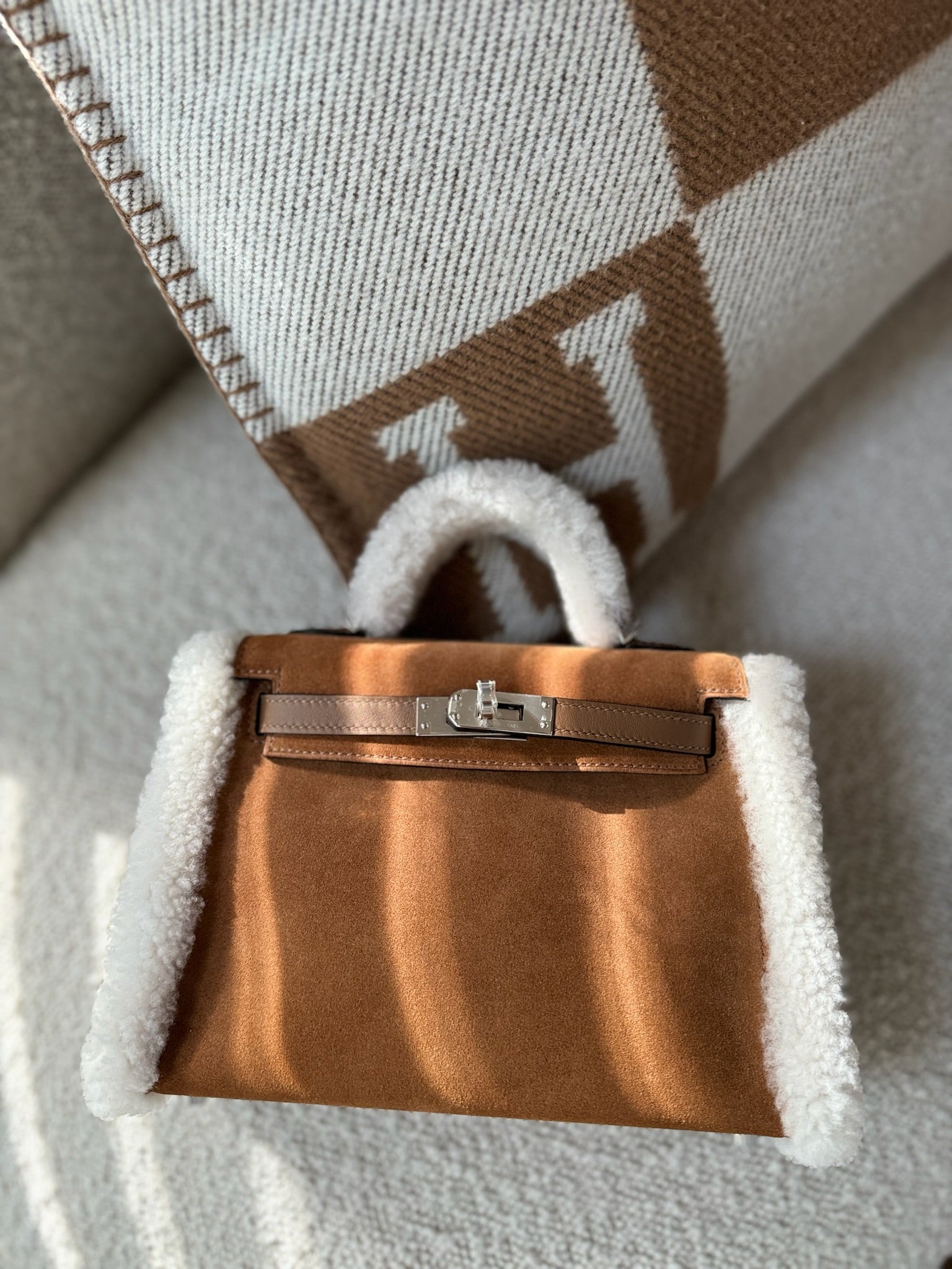 Hermes Mini Kelly Teddy Chamois/Ecru/Alezan Shearling Plush Palladium
