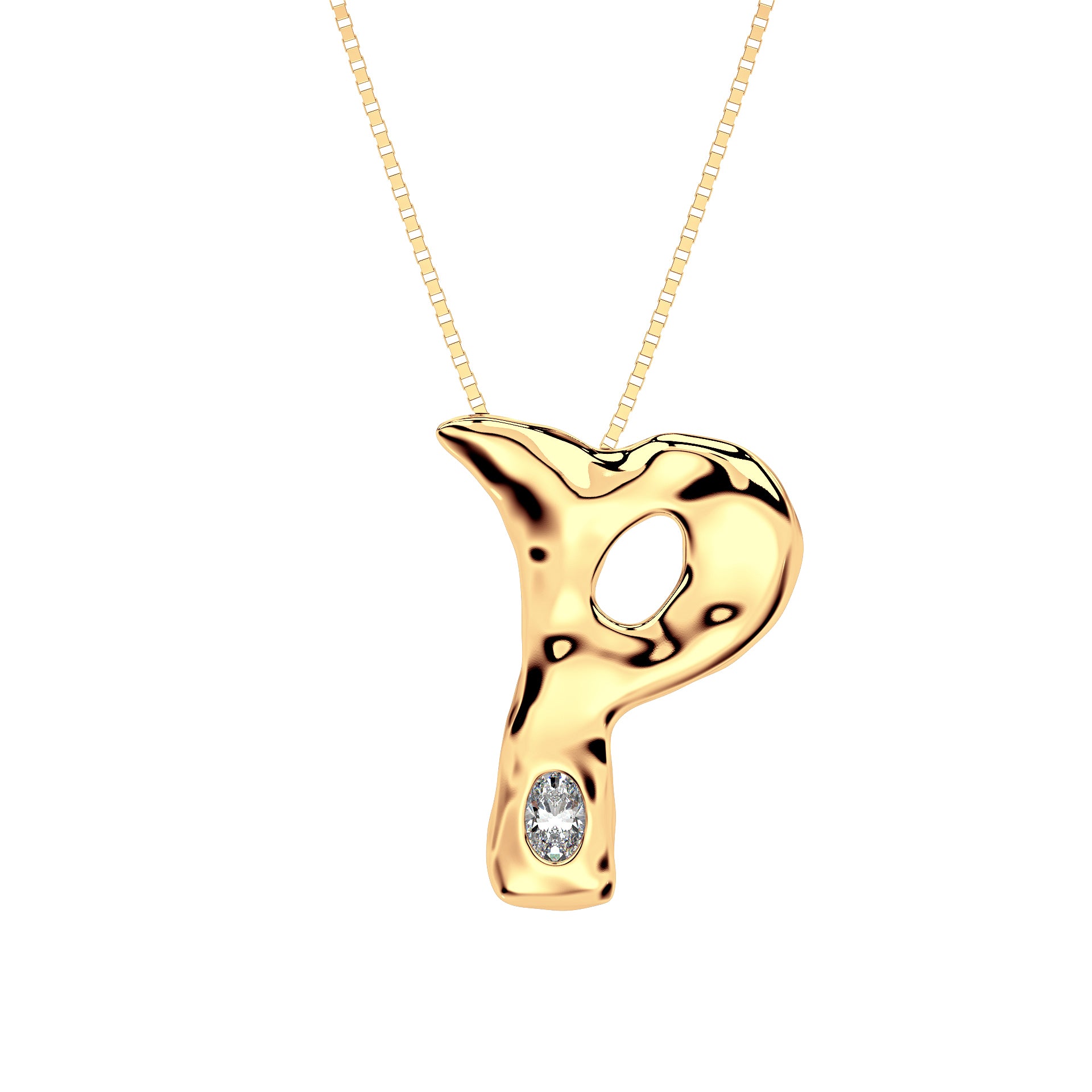 Letter P Necklace in 14K Yellow Gold with Oval Lab Diamond