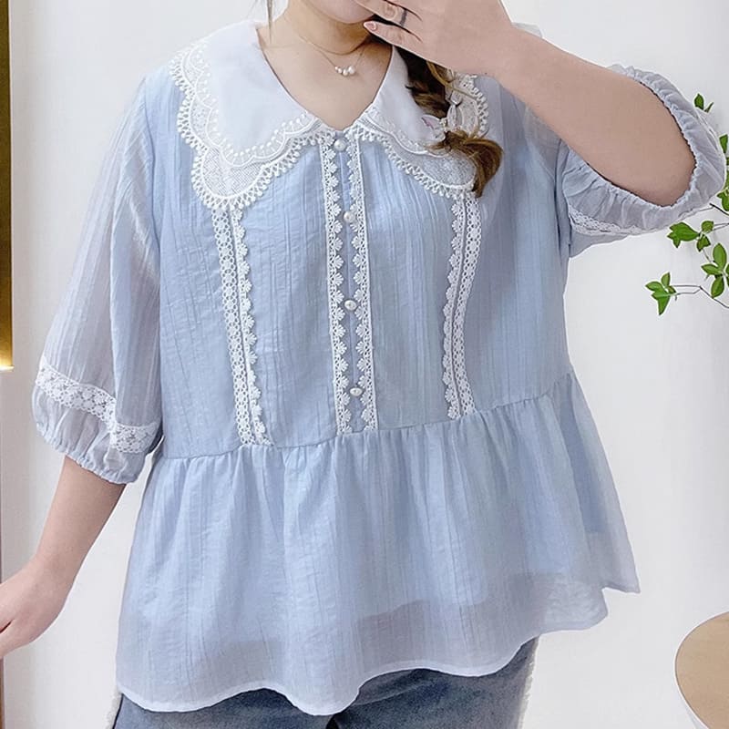 大きいサイズ レディース｜ブランシュ・レースカラーブルーブラウス