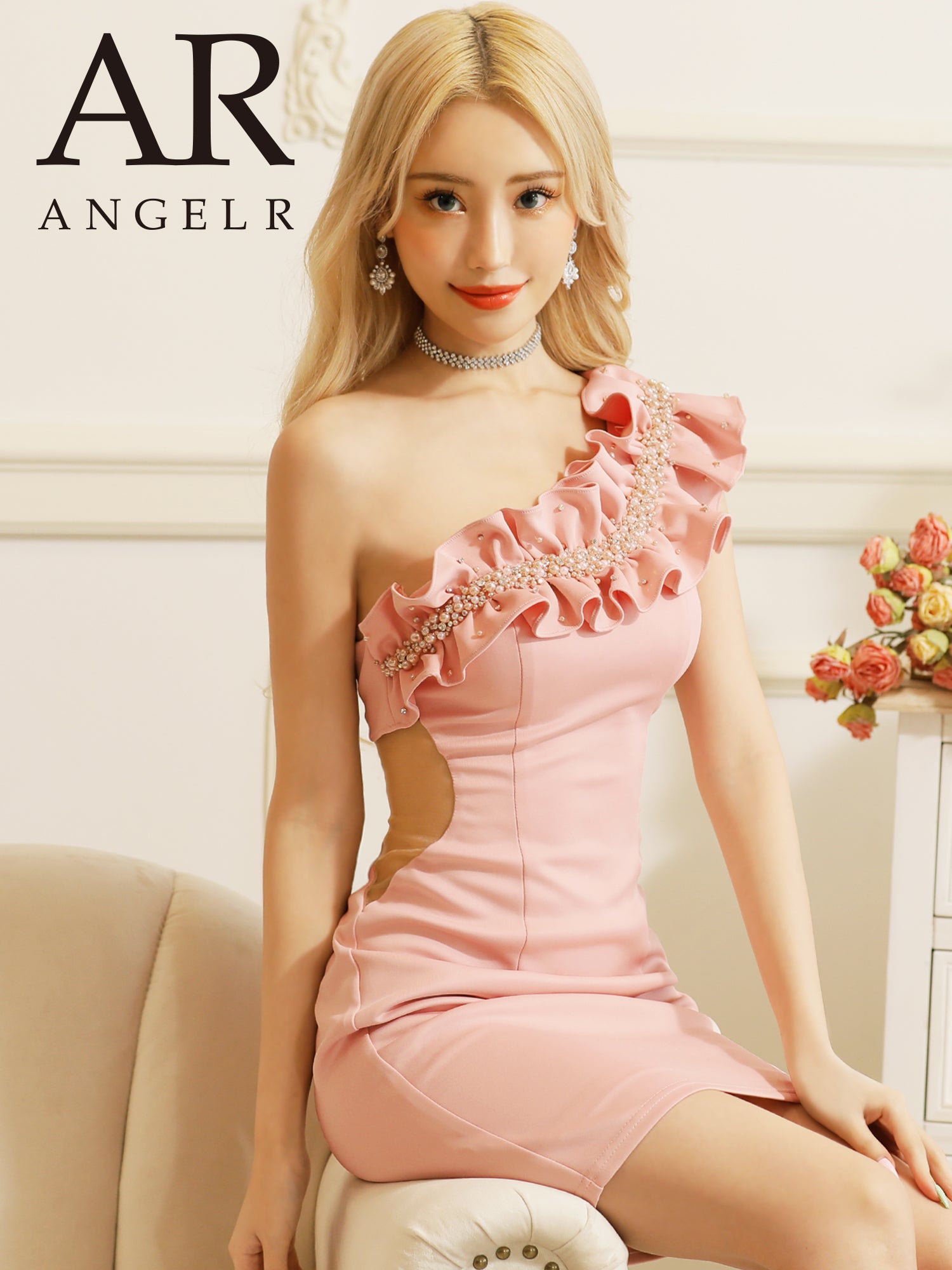 ギャザーパールビジューワンショルダータイトミニドレス]AngelR