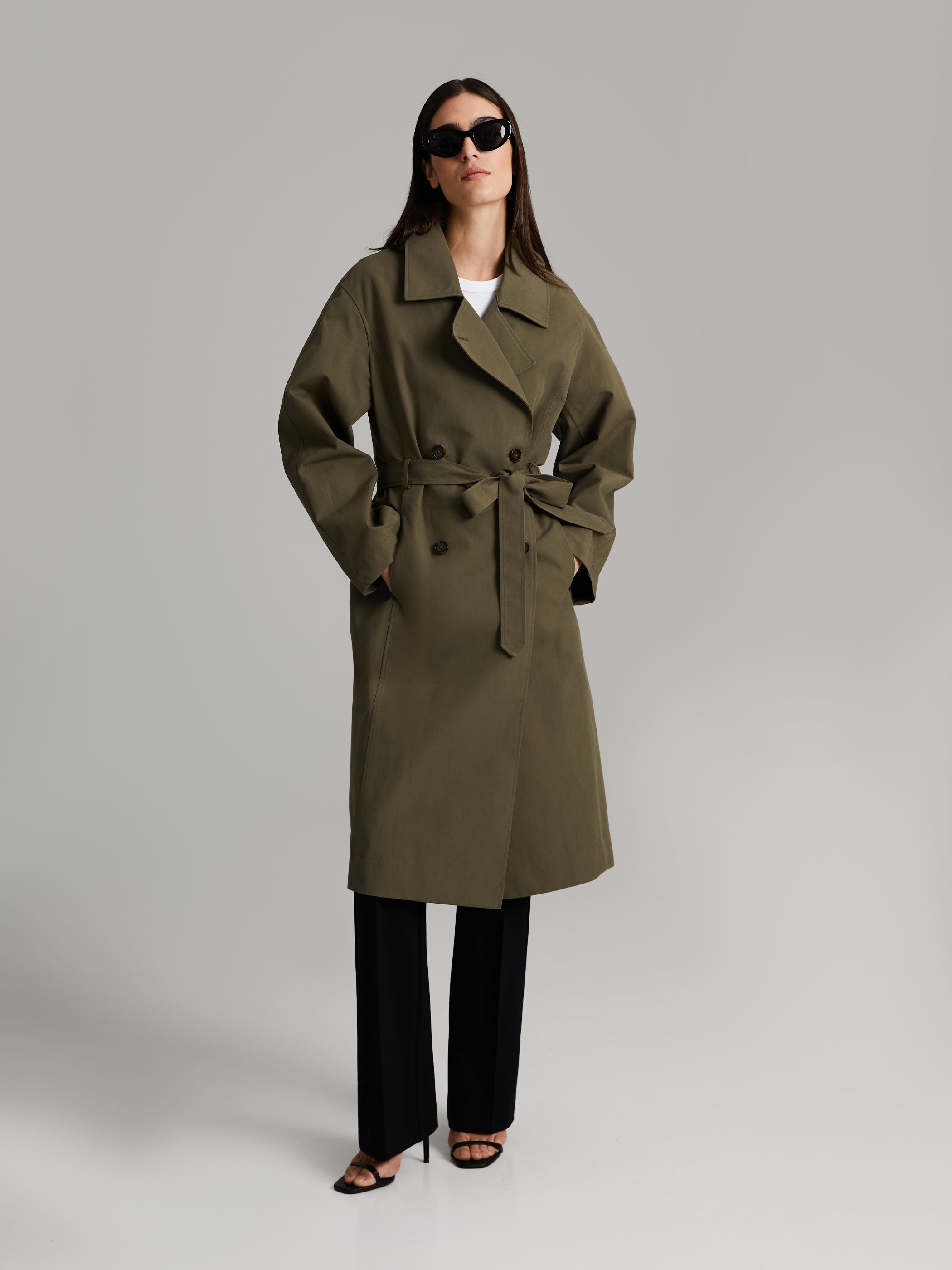 Suela Double-Breasted Olive Green Trench Coat - Andiata – Andiata