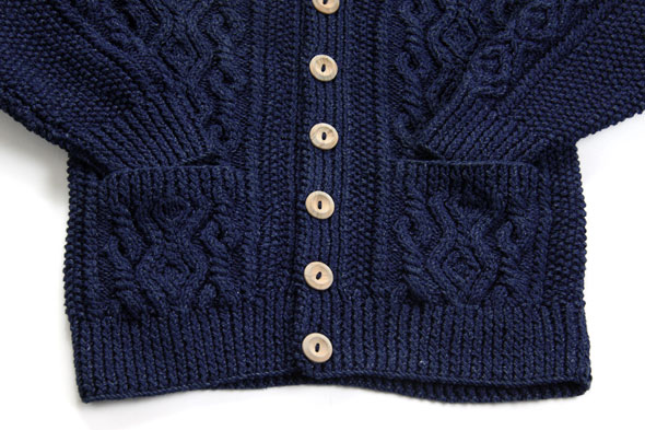 デニムヤーンカーディガン ハンドニット ケーブル編み インバーアラン