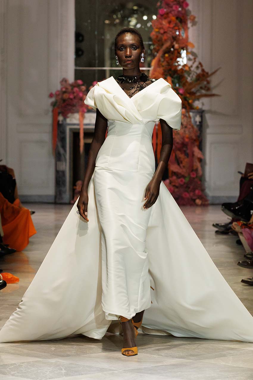 Ivory Faille Gown with Glass Petal Embroidered Bodice