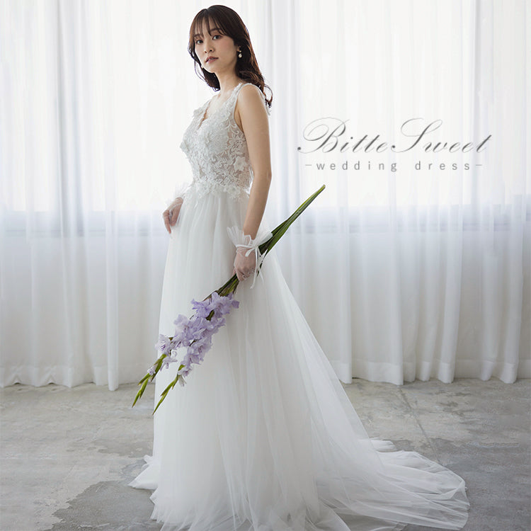 wd652vt】Vネックフラワーモチーフチュールドレス Aライン – ドレス