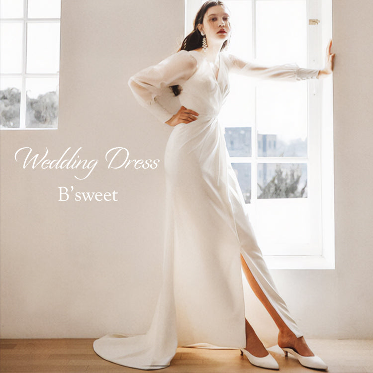 wd139jx】ビショップスリーブスリットドレス スレンダーライン