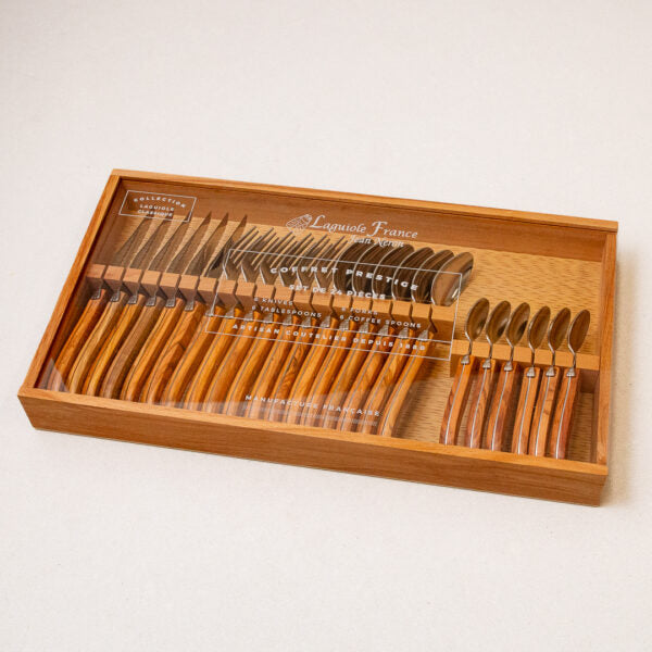 Laguiole 24 Piece Flatware Set, Olivewood in Wood Box with Acrylic