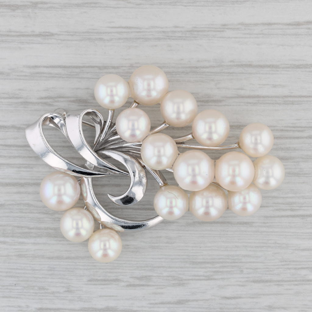 Mikimoto Vintage Cultured Pearl Brooch 14k White Gold Flower Spray Sta