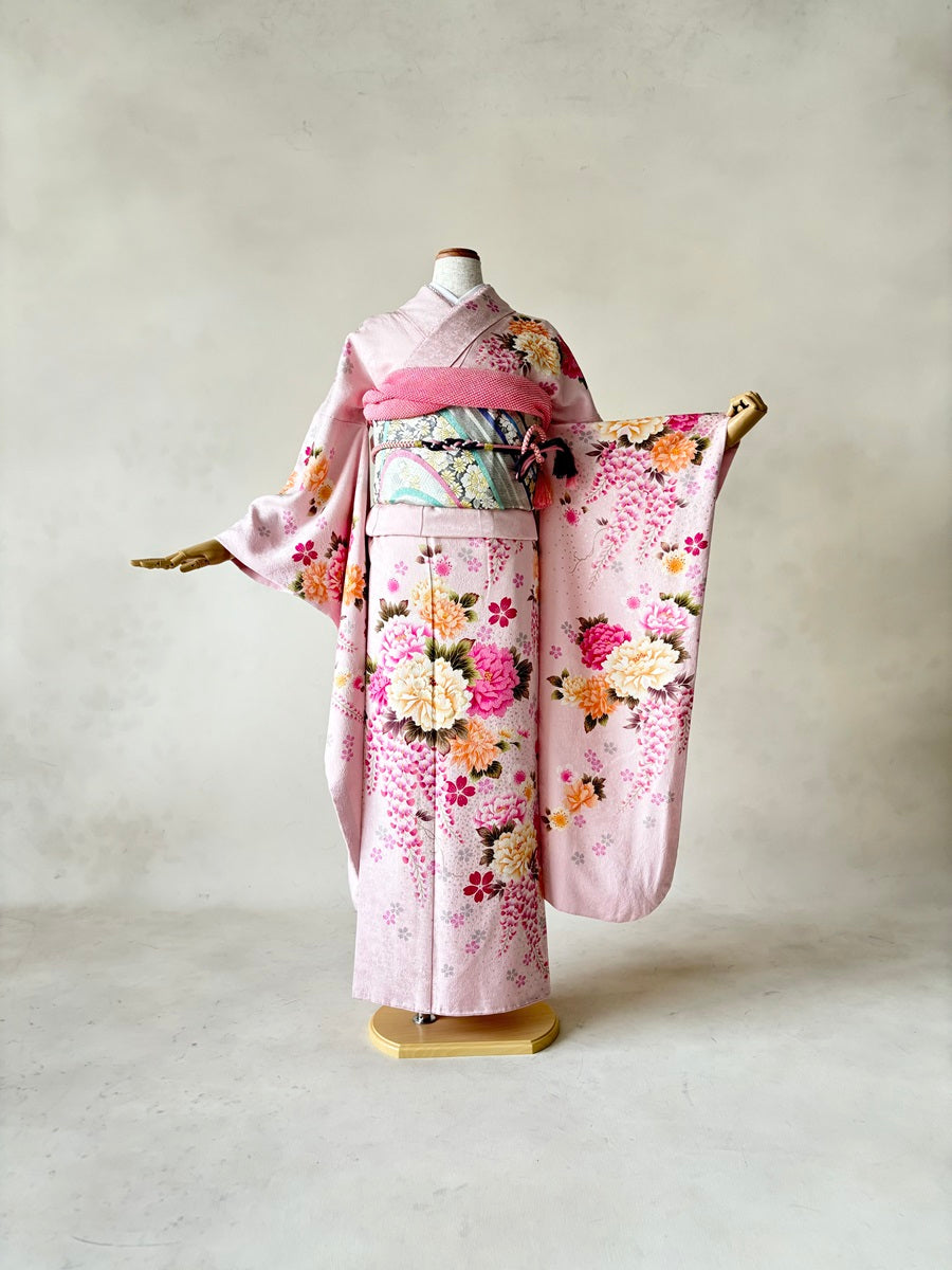 振袖レンタルセット ペールピンク 牡丹と藤 – きものセンター