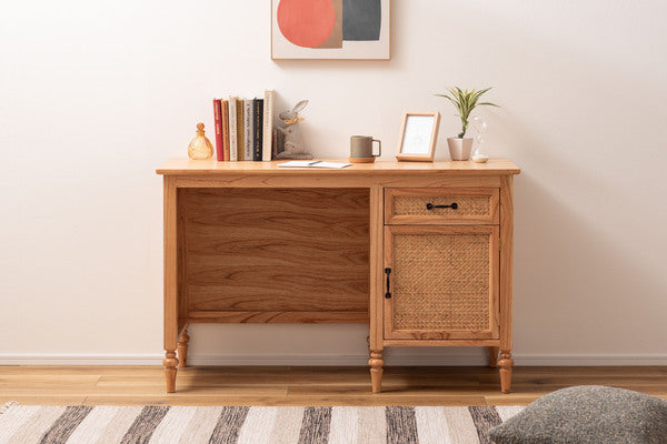 デスク 木製デスク アンティーク調 ラタン 引出 引き出し 天然木