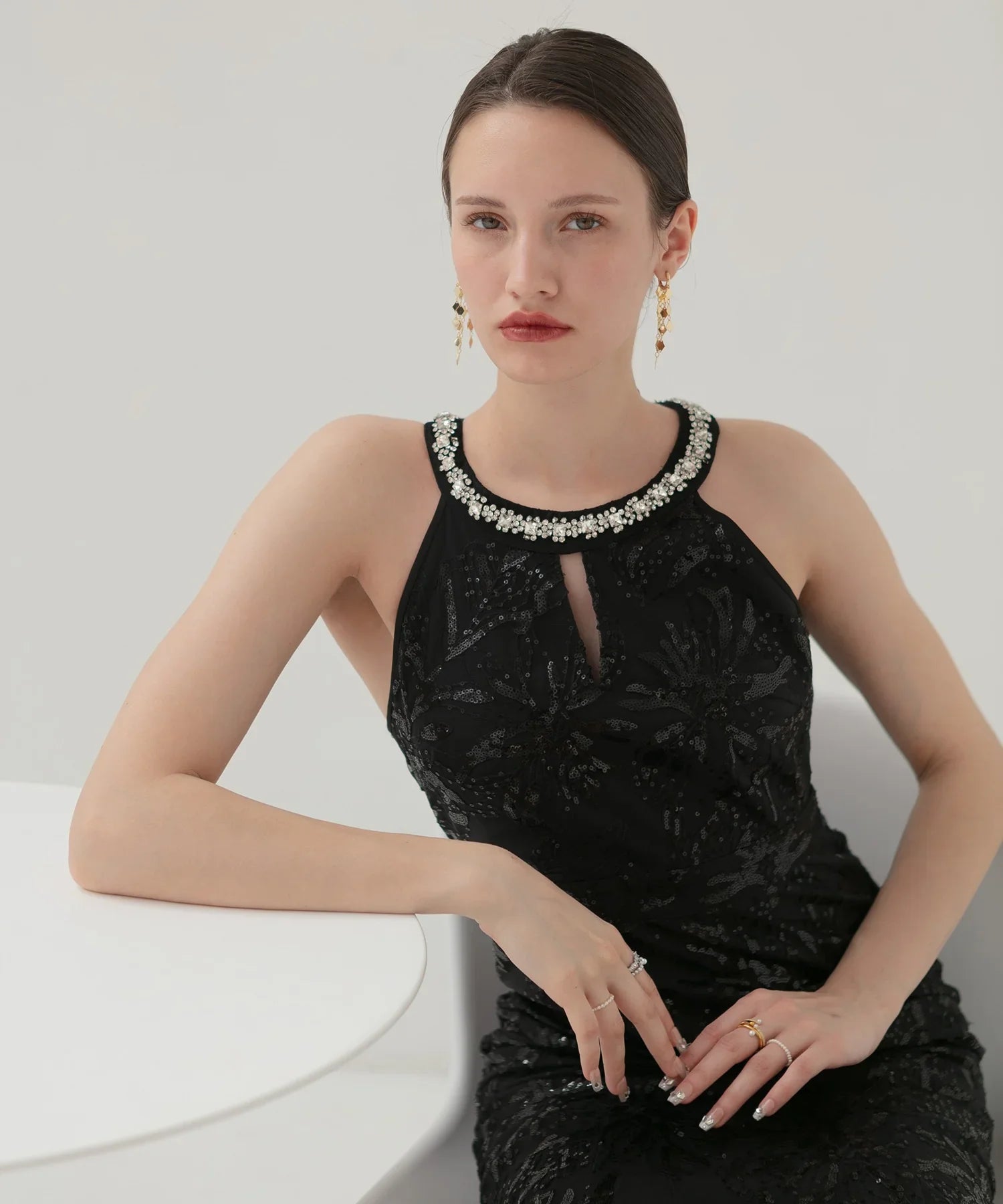 LEJA LUXE】ビジューホルターネックボタニカルマーメイドドレス