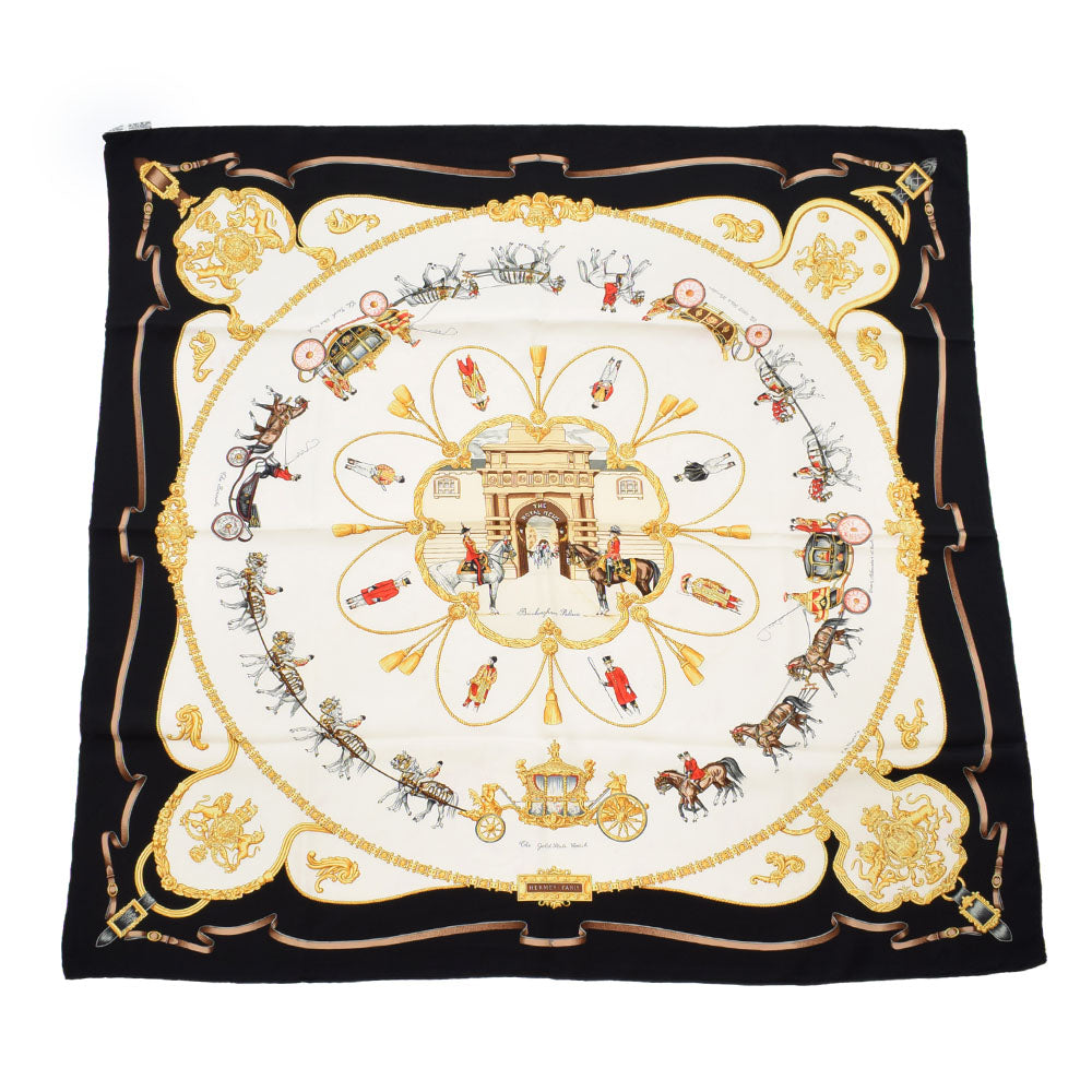 エルメスカレ90 王室の馬小屋 白×黒 レディース スカーフ HERMES 中古