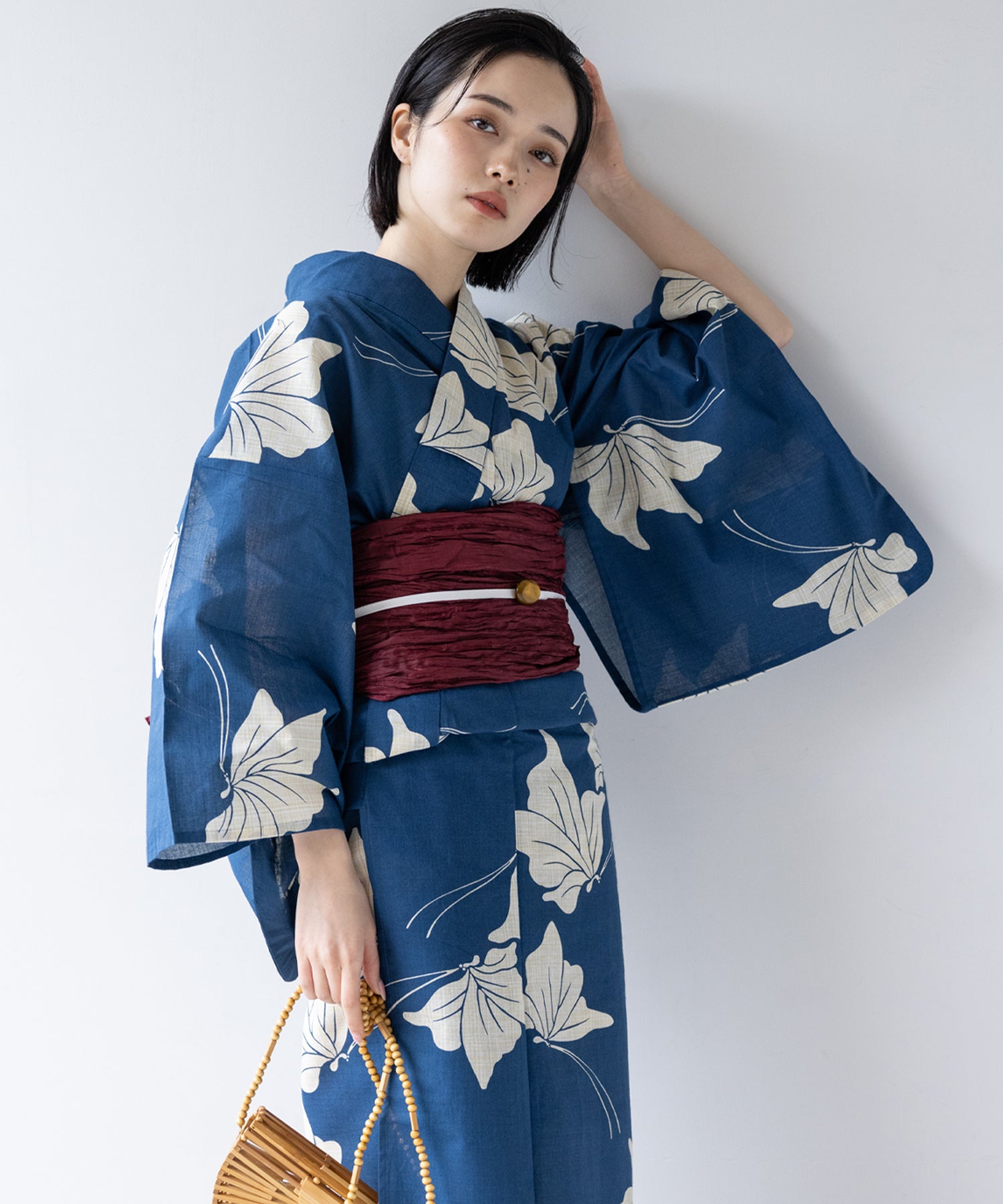 こだわり浴衣 5点セット (浴衣/帯/下駄/腰紐/着付け冊子) 麻混 綿麻 先