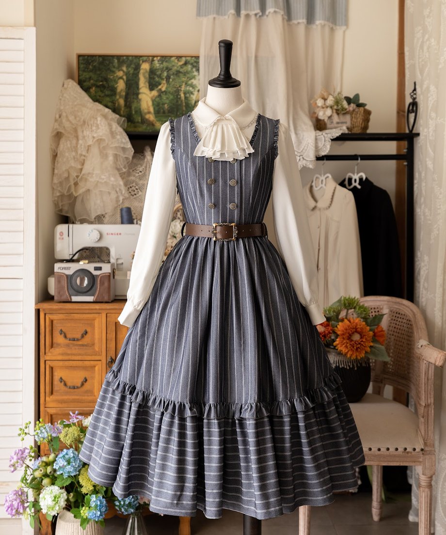 Forest Wardrobe Classical Jumper Skirt (Gray Stripe) Aristocratic