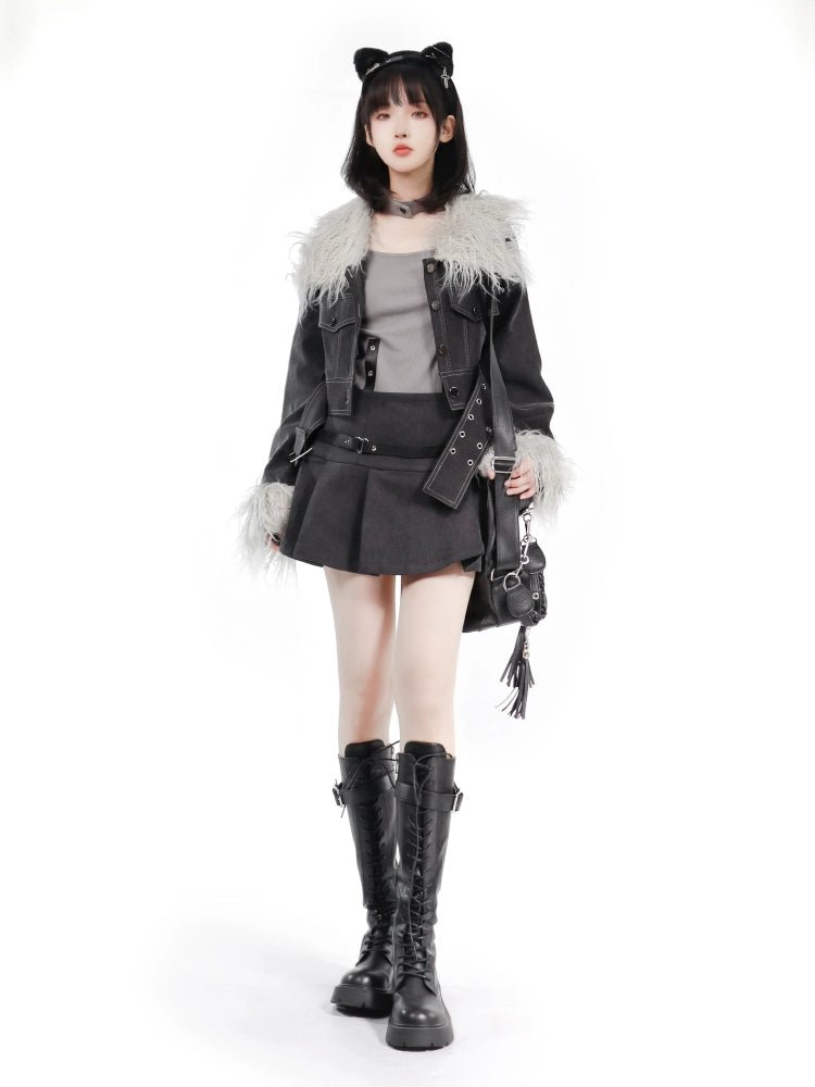 PinksaviorY2K ファー付 デニムセットアップ Y2K – 個性的な