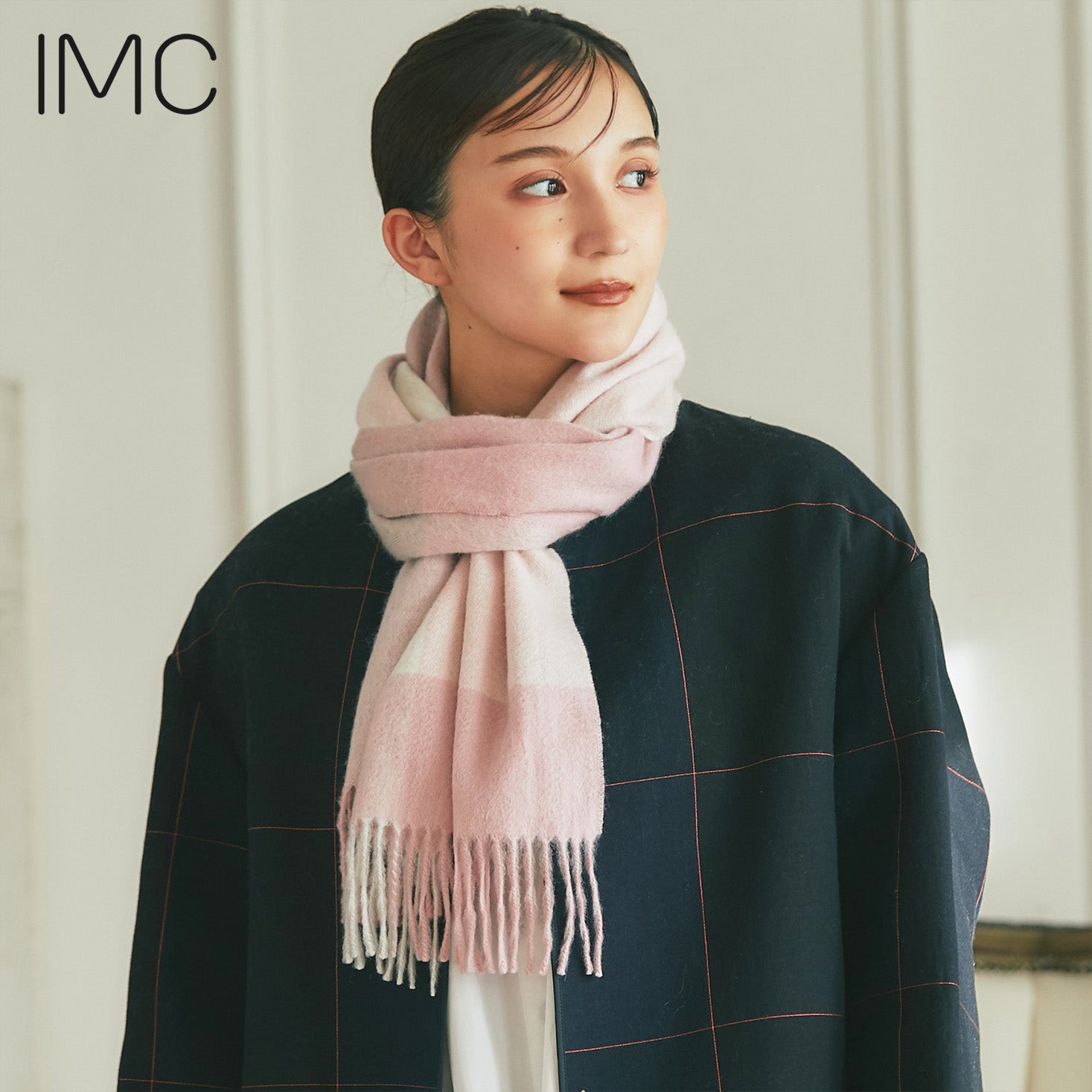 カシミヤ大判ストール チェック柄 ブロックチェックピンク – INTERMODE