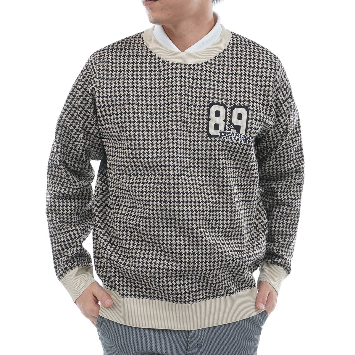 ダブルジャカード ガンクラブチェック柄丸首セーター(中間着(セーター