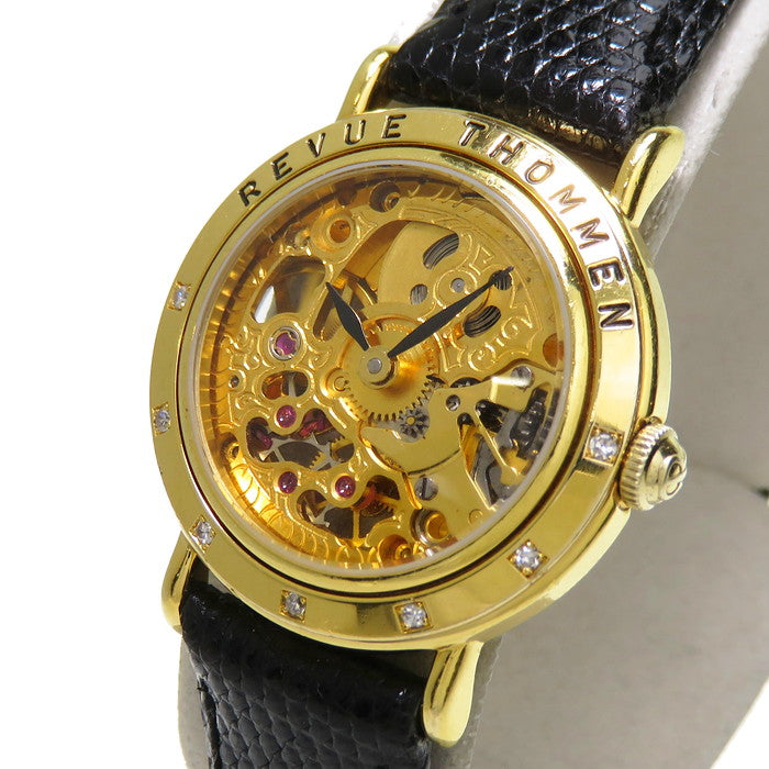 レビュートーメン】 スケルトン 腕時計 GP/レザー/ダイヤモンド 手巻き