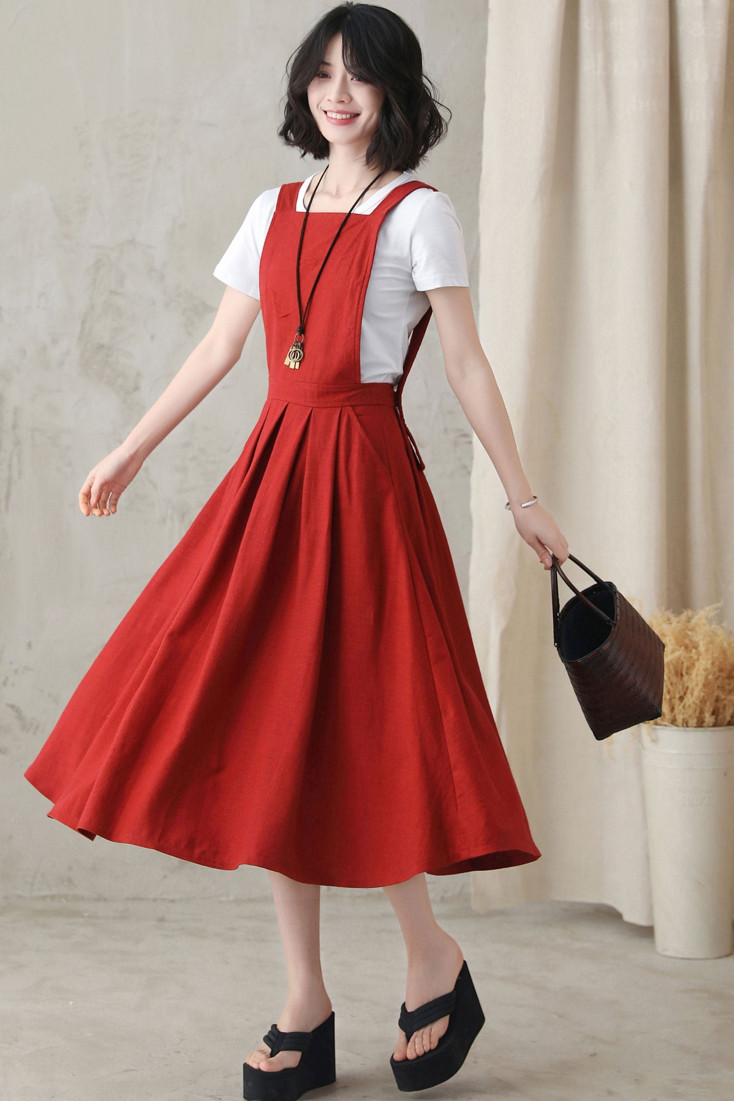 Woman Red Linen Midi Pinafore Dress 2823 – Xiaolizi