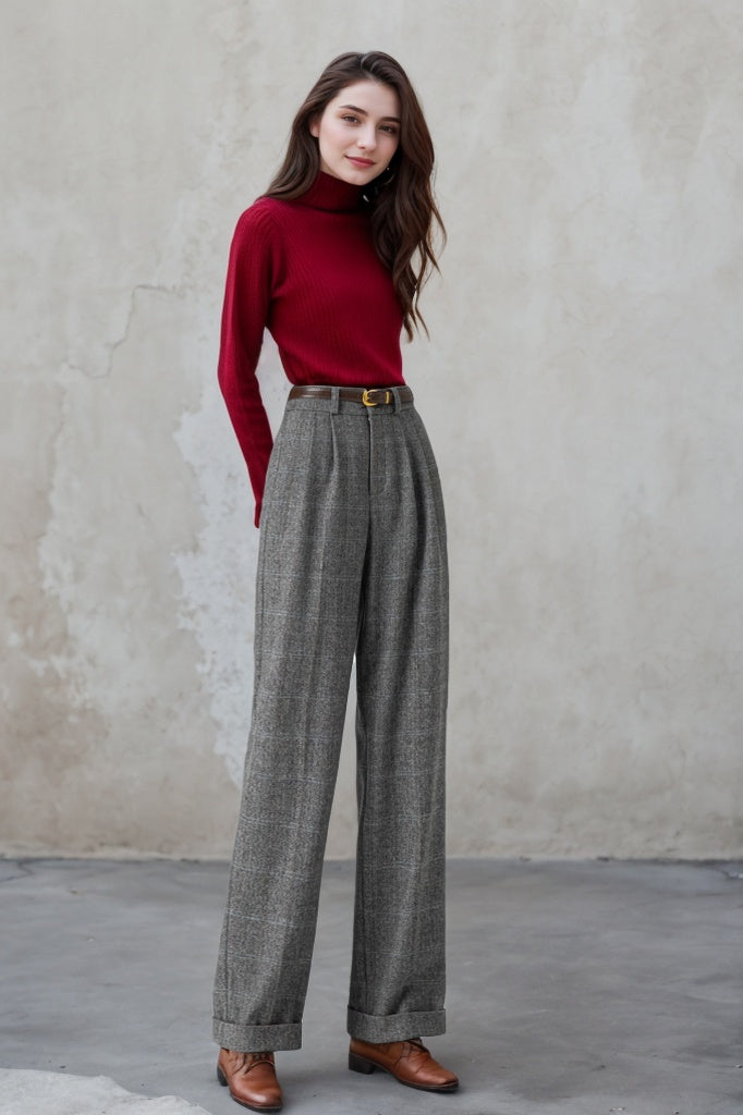 Gray Wool Wide Leg Pants – Vintage High Waist Winter Trousers 5320