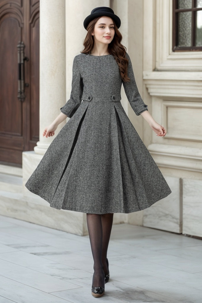 Wool Blend Fit and Flare Midi Dress – Vintage Winter Dress 5301