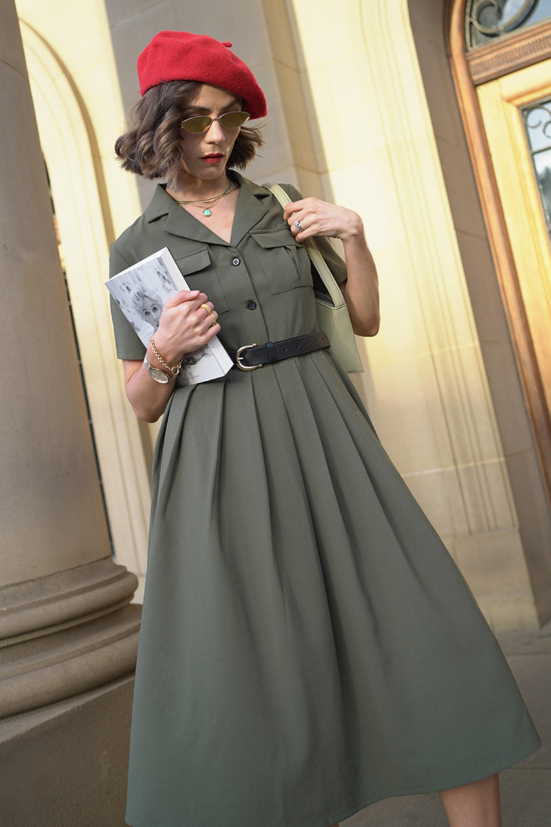 Midi Pleated Green Military Swing Shirt Dress 3703 – Xiaolizi