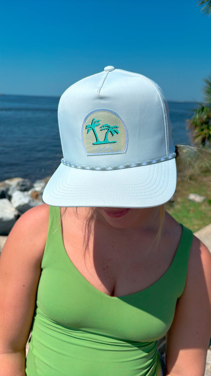 White Trucker Hat - Palm Trees Patch , White/Gray Rope - Legacy