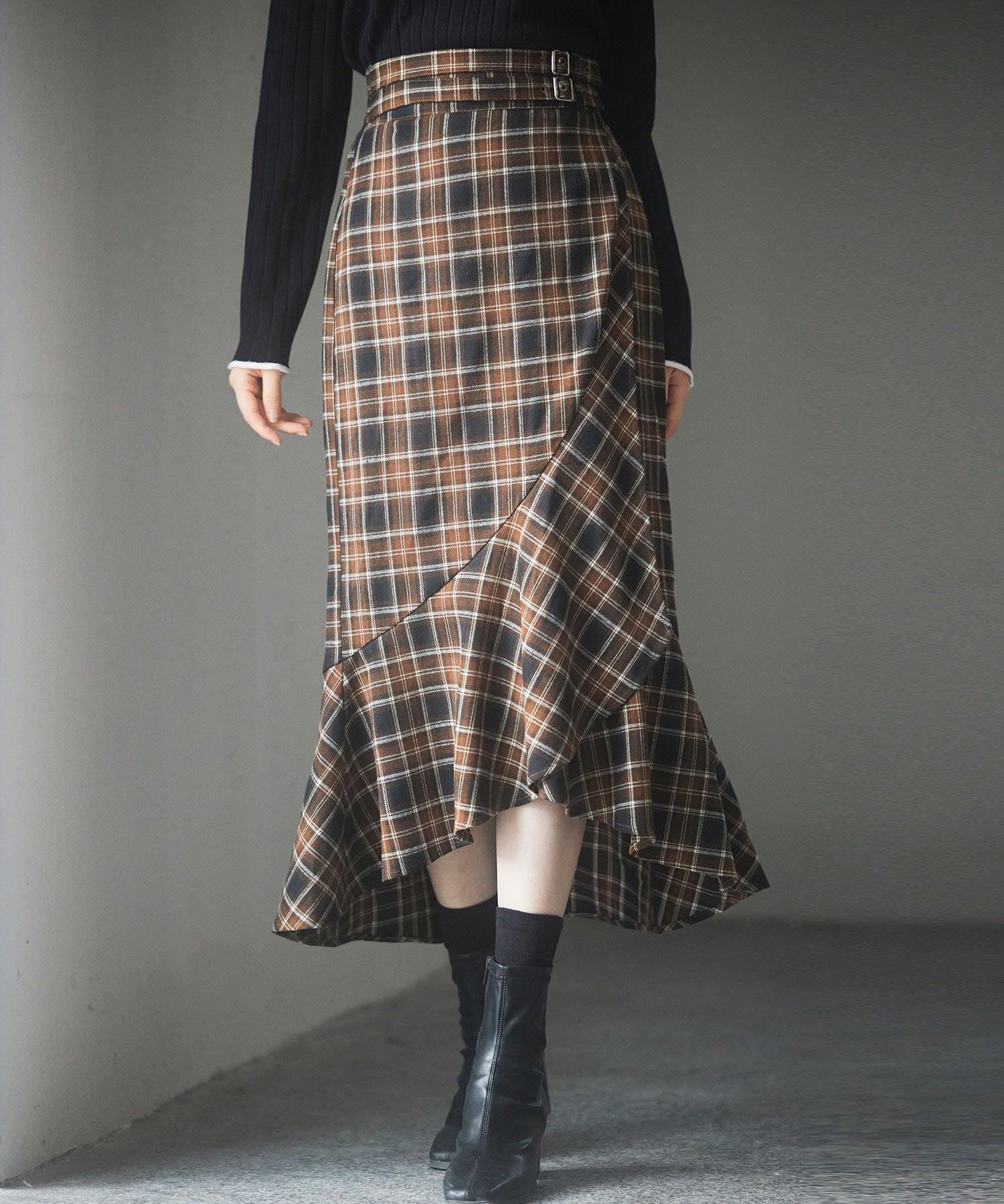 ラップ風チェック柄ヘム裾スカートsdp0057c ブラウン – [公式]SAISON