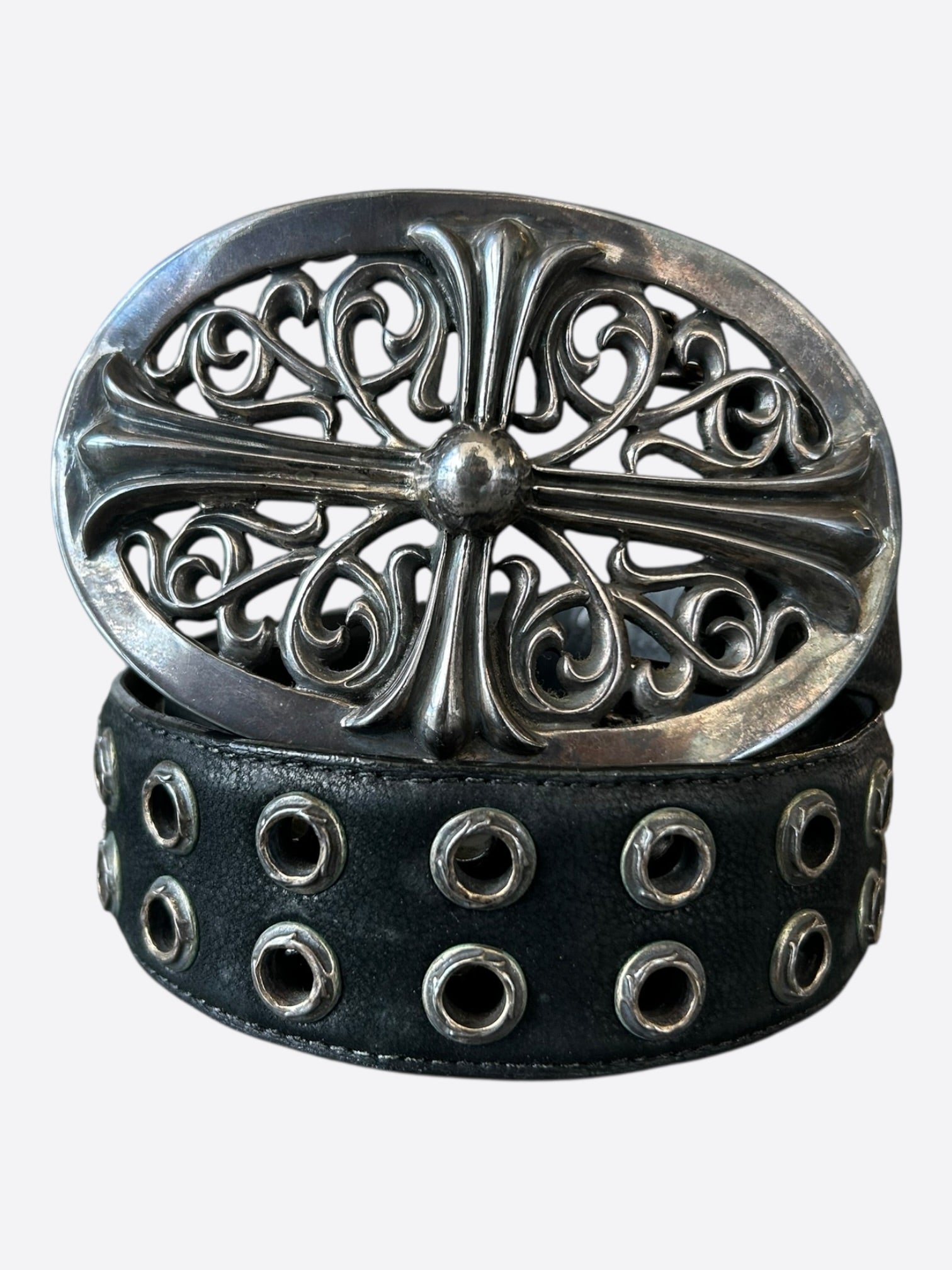 Chrome Hearts Black & Silver XL Oval Cross Double Stud Belt