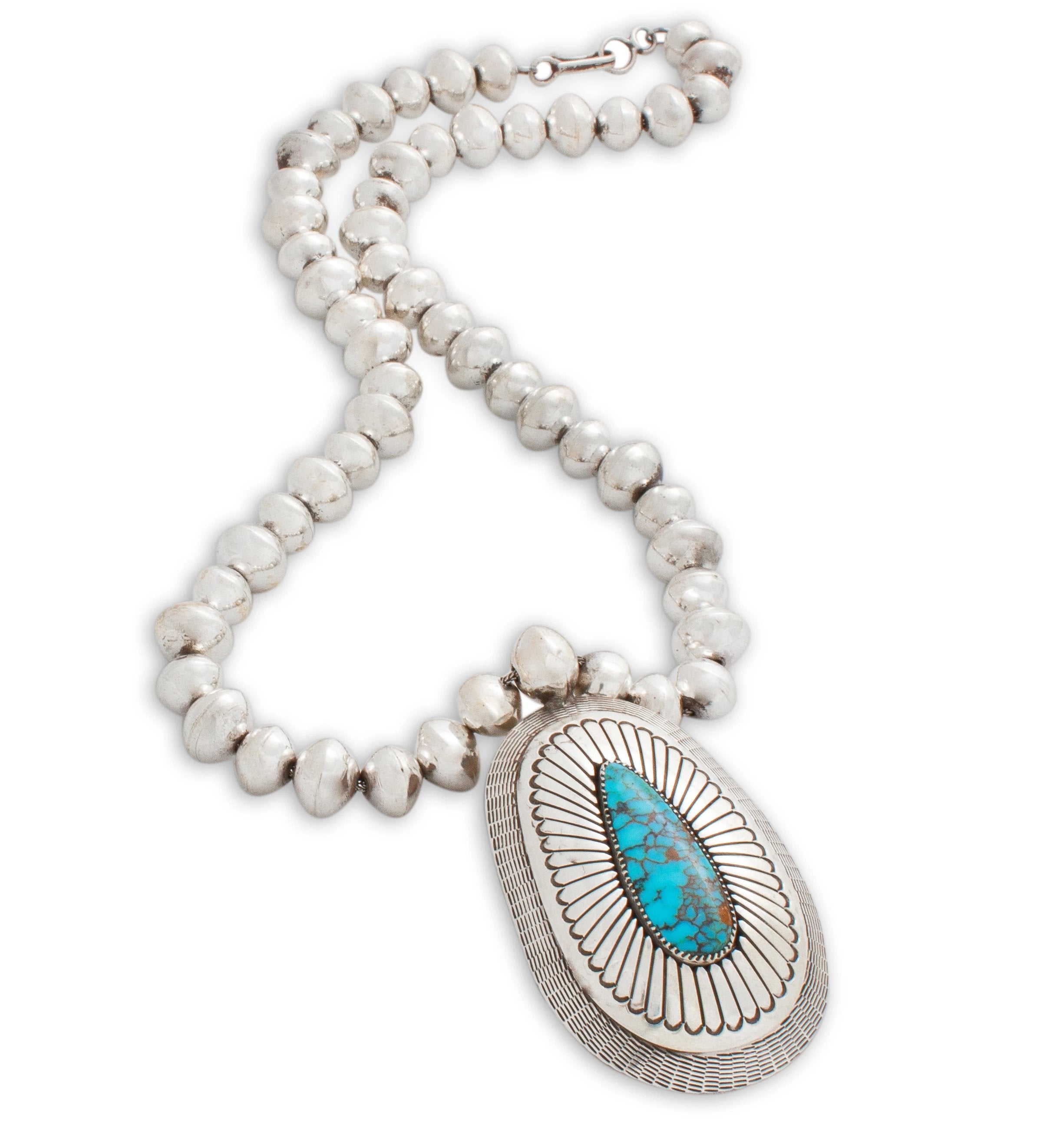 Lee Yazzie Necklace of Sterling Silver Beads and Turquoise Pendant