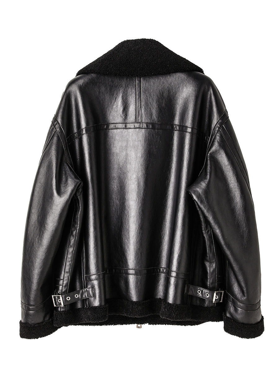 sj.0032AW25-black x black faux mouton flight jacket. The Black-and