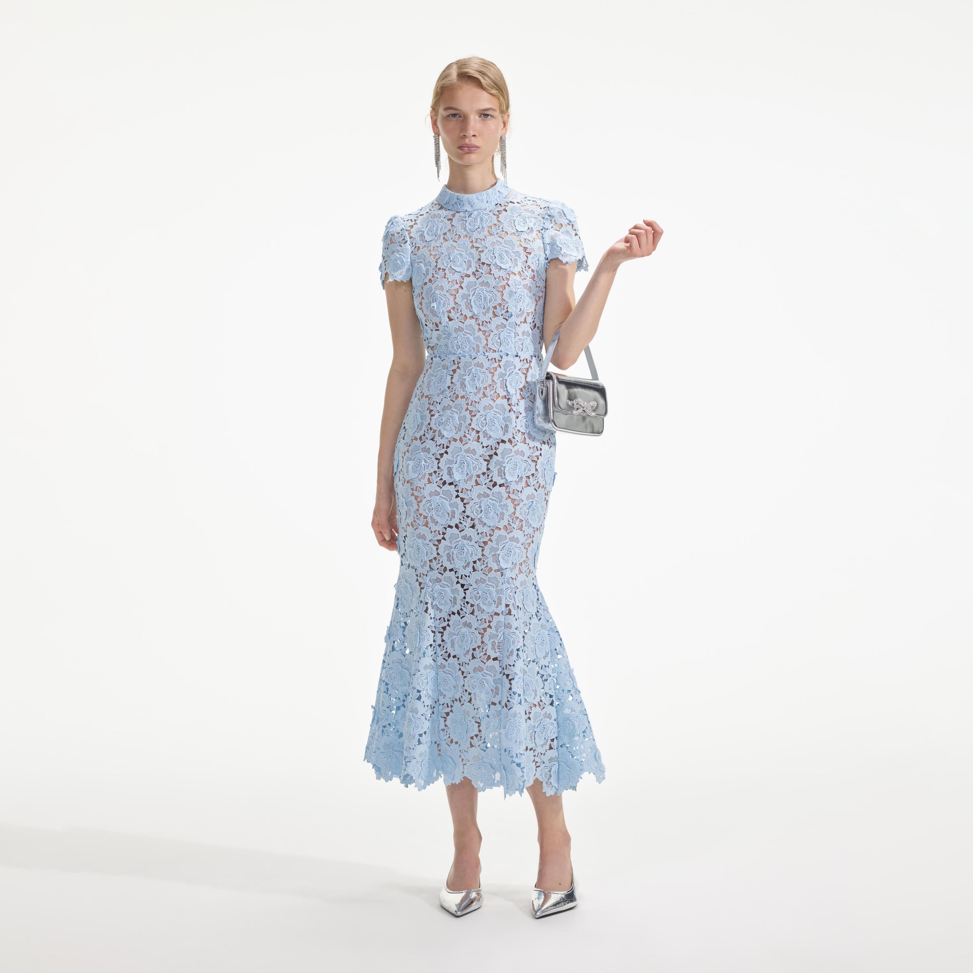 Blue Flower Lace Midi Dress – self-portrait-US