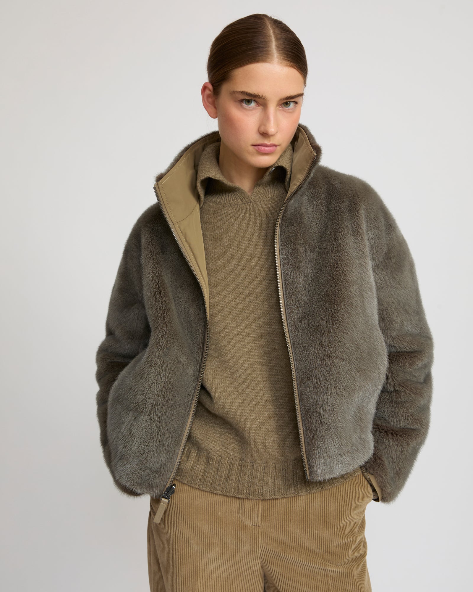 Jacket in mink reversible technical fabric with stand collar
