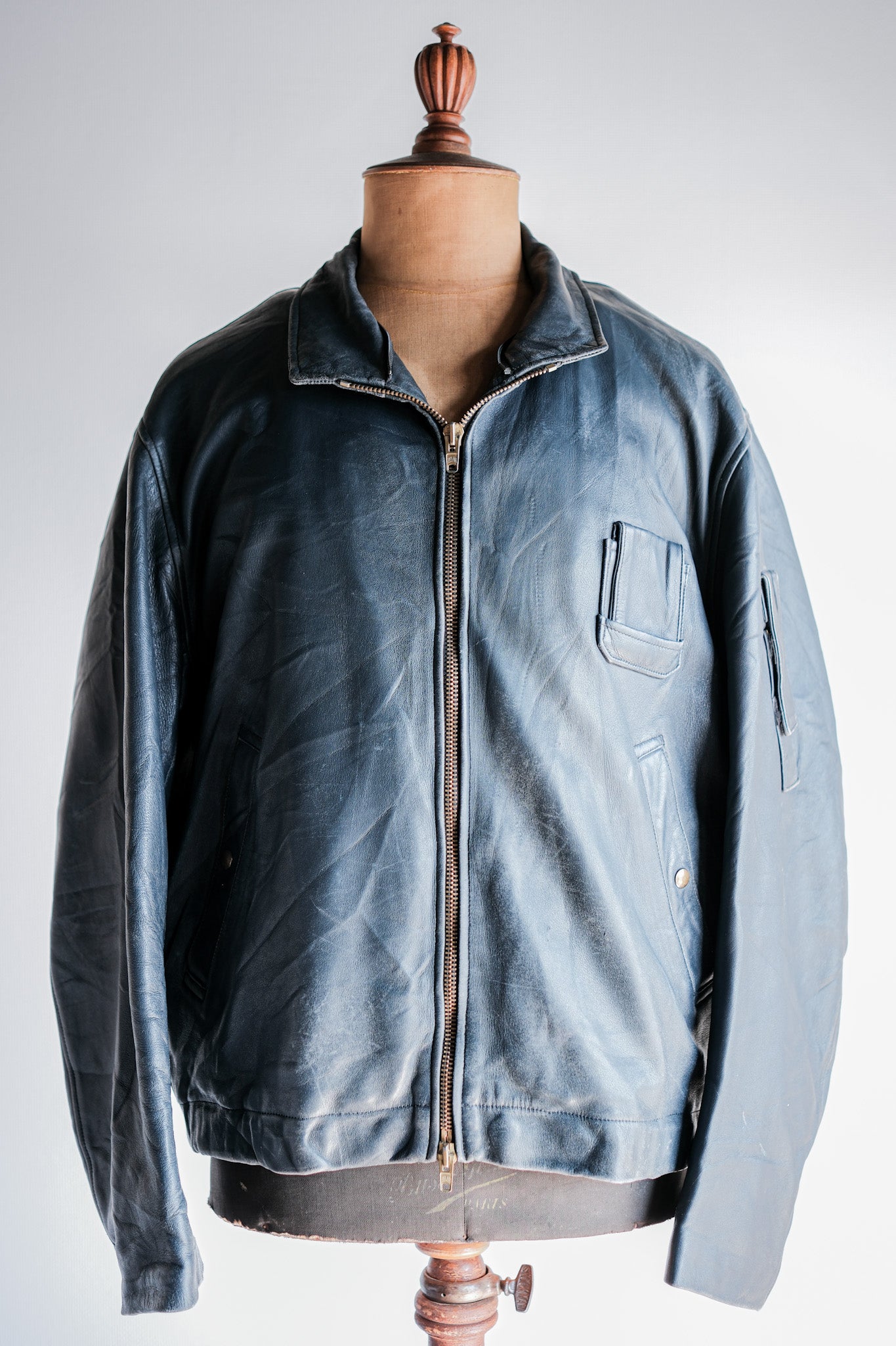 70's】French Air Force Pilot Leather Jacket With Chin Strap & Liner S