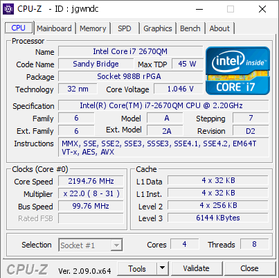 Intel Core i7 2670QM @ 2194.76 MHz - CPU-Z VALIDATOR