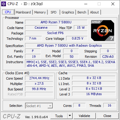 AMD Ryzen 7 5800U @ 2744.44 MHz - CPU-Z VALIDATOR